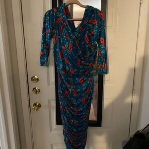 Pinup Couture Teal and Red Floral Long Sleeve Dress